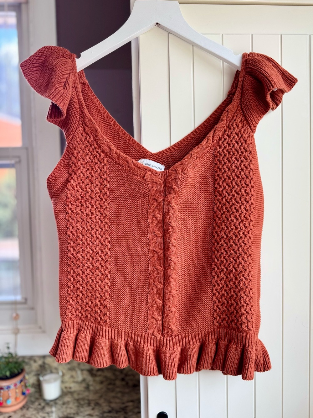 Jessica Simpson Cable Knit Ruffle Cropped Sweater Tank Rust Small S - Picture 2 of 8